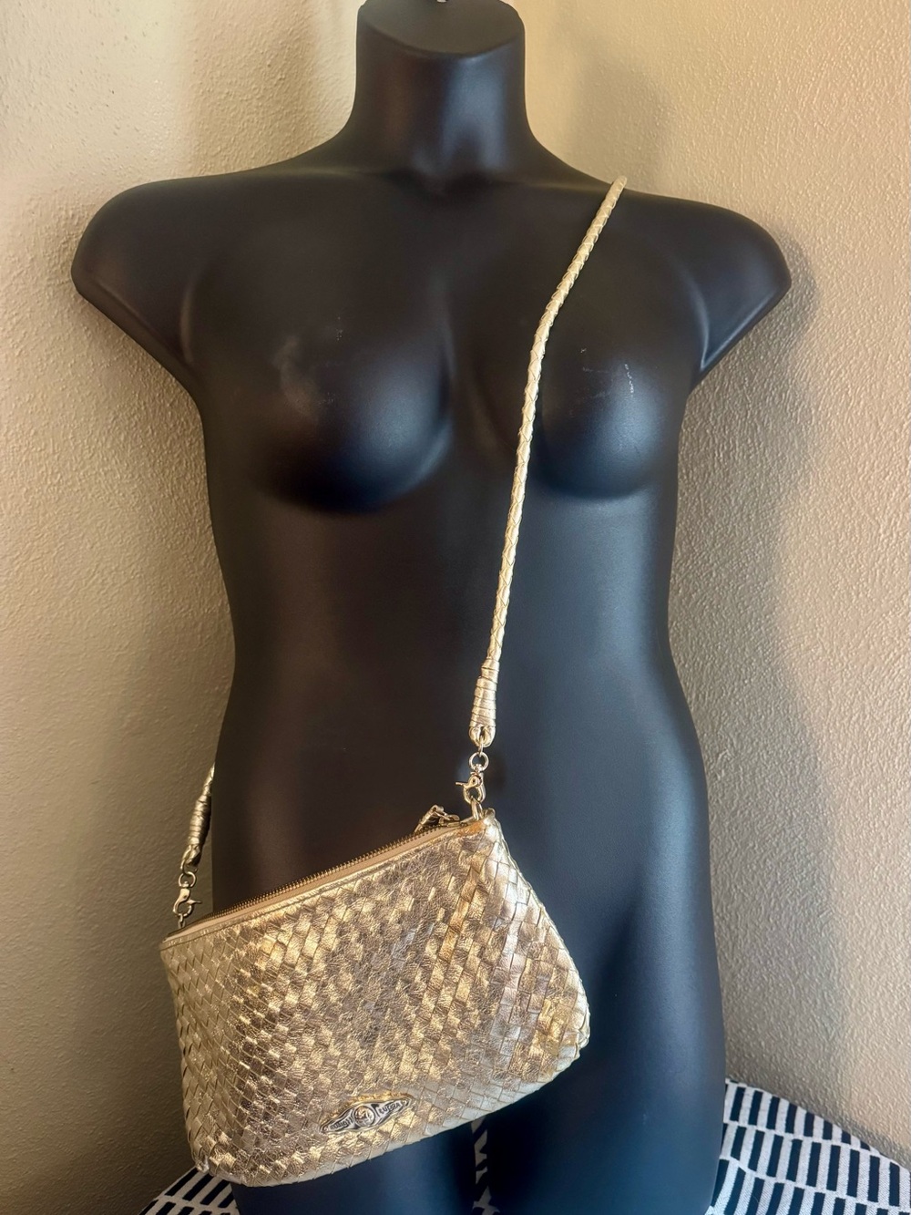 Elliott Lucca Metallic Gold Leather Woven Crossbody